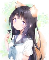 Rule 34 | 1girl, animal ear fluff, animal ears, black hair, blue neckerchief, blue sailor collar, blush, breasts, cheli (kso1564), chitanda eru, closed mouth, commentary request, dog ears, dog girl, dog tail, fingernails, floral background, green flower, highres, hyouka, long hair, neckerchief, purple eyes, ruffling hair, sailor collar, shirt, short sleeves, small breasts, smile, solo, sparkle, tail, tail raised, upper body, very long hair, white background, white shirt