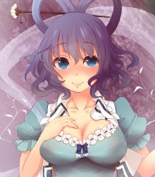 Rule 34 | 1girl, blue eyes, blue hair, breasts, cleavage, dress, female focus, hair ornament, hair rings, hair stick, hand on own chest, highres, kaku seiga, large breasts, maru mr, shawl, smile, solo, touhou, vest