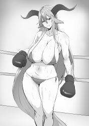 Rule 34 | 1girl, absurdres, animal ears, arknights, bare shoulders, bikini, boxing gloves, boxing ring, breasts, cleavage, collarbone, covered erect nipples, degenbrecher (arknights), gloves, goat ears, goat girl, goat horns, greyscale, hair between eyes, highres, horns, huge breasts, leaning back, long hair, looking at viewer, monochrome, navel, parted lips, side-tie bikini bottom, smile, solo, stomach, sweat, swimsuit, thighs, very long hair, xllam