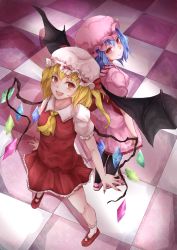 Rule 34 | 2girls, arms at sides, asymmetrical hair, asymmetrical wings, back-to-back, bad id, bad pixiv id, bat wings, black legwear, blonde hair, blue hair, dress, flandre scarlet, floor, from above, hat, highres, looking at viewer, looking back, mary janes, miniskirt, mob cap, multiple girls, outstretched hand, pantyhose, pink dress, poini (king-scarlet-dead), puffy short sleeves, puffy sleeves, red dress, red eyes, remilia scarlet, shoes, short hair, short sleeves, siblings, side ponytail, sisters, skirt, smile, tile floor, tiles, touhou, wings