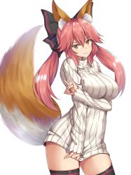 Rule 34 | 10s, 1girl, alternate hairstyle, animal ears, black thighhighs, bottomless, breast hold, breasts, brown eyes, clothes tug, fate/extra, fate (series), fox ears, fox shadow puppet, fox tail, highres, kanikou, large breasts, light smile, long hair, simple background, solo, sweater, sweater tug, tail, tamamo (fate), tamamo no mae (fate/extra), thighhighs, twintails, white background