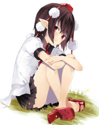 Rule 34 | 1girl, ass, black skirt, brown hair, commentary request, flower, geta, grass, hat, head tilt, highres, knees up, looking at viewer, miniskirt, necktie, nuqura, parted lips, pleated skirt, pointy ears, pom pom (clothes), puffy short sleeves, puffy sleeves, red eyes, red footwear, red necktie, shameimaru aya, shirt, short sleeves, simple background, sitting, skirt, solo, tassel, tengu-geta, thighs, tokin hat, touhou, white background, white shirt, wing collar, yellow flower