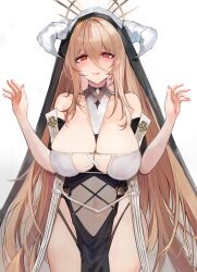 Rule 34 | 1girl, 24sui, absurdres, azur lane, between breasts, black gloves, blonde hair, blush, breast cutout, breasts, cleavage, covered navel, gloves, habit, half gloves, highres, horns, huge breasts, implacable (azur lane), large breasts, long bangs, long hair, looking at viewer, nun, pelvic curtain, red eyes, revealing clothes, shirt slip, simple background, solo, thighhighs, thighs, two-tone dress, veil, white background, white horns, white thighhighs