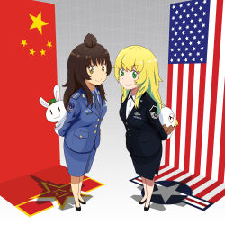 Rule 34 | 2girls, :3, american flag, bird, blonde hair, brown hair, china, eagle, f-35, f-35 (flight highschool), f-35 lightning ii, flight highschool, formal, green eyes, hat, highres, j-31, j-31 (flight highschool), long hair, looking at viewer, military, military uniform, multiple girls, necktie, patch, people&#039;s republic of china flag, personification, rabbit, shadow, shoulder patch, skirt, smile, topknot, uniform, united states, united states air force, xusphere, yellow eyes