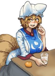 Rule 34 | 1girl, :d, animal ears, animal hat, blonde hair, blush, breasts, chanta (ayatakaoisii), commentary request, dress, food, fox ears, fox tail, fruit, gem, glass, hand up, hat, highres, huge breasts, kotatsu, long sleeves, mandarin orange, mob cap, multiple tails, open mouth, short hair, simple background, sitting, slit pupils, smile, solo, sweatdrop, tabard, table, tail, touhou, white background, white dress, yakumo ran, yellow eyes