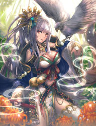 Rule 34 | 1girl, bare shoulders, bird, bird on hand, breasts, cleavage, cowboy shot, feathers, flower, hair ornament, jewelry, long hair, looking at viewer, navel, orange eyes, original, shintou, side slit, silver hair, solo, sword, thighhighs, thighs, weapon