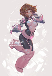 Rule 34 | 10s, 1girl, blush, bodysuit, boku no hero academia, boots, brown eyes, brown hair, commentary, english commentary, gloves, jet kimchrea, multicolored bodysuit, multicolored clothes, parted lips, short hair, sidelocks, smile, uraraka ochako