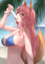 Rule 34 | 1girl, absurdres, animal ear fluff, animal ears, bikini, blue bikini, breasts, cleavage, fate/extra, fate/grand order, fate (series), food, food on body, food on breasts, fox ears, fox girl, fox tail, highres, ice, ice cream, kamehito, large breasts, long hair, looking at viewer, looking to the side, nail polish, ocean, outdoors, palm leaf, palm tree, palms, pink hair, sexually suggestive, side-tie bikini bottom, solo, swimsuit, tail, tamamo (fate), tamamo no mae (fate/extra), tamamo no mae (swimsuit lancer) (fate), tree, yellow eyes