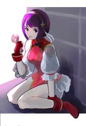 Rule 34 | 1girl, asamiya athena, breasts, chinese clothes, fingerless gloves, gloves, hair ornament, hairband, highres, jewelry, long hair, medium breasts, meke (77842928), purple eyes, purple hair, red hairband, smile, snk, solo, star (symbol), the king of fighters, the king of fighters xv