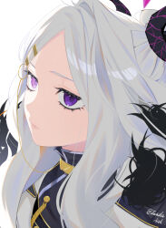 Rule 34 | 1girl, ahoge, aiguillette, blue archive, closed mouth, coat, demon horns, expressionless, from side, fur collar, hair over shoulder, highres, hina (blue archive), horns, long hair, military, military uniform, multiple horns, parted bangs, portrait, purple coat, purple eyes, simple background, solo, uniform, wavy hair, white background, white hair, zunda kaku