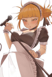 Rule 34 | 1girl, :o, absurdres, alternate costume, blonde hair, blunt bangs, boku no hero academia, breasts, chestnut mouth, choker, cleavage, collarbone, cowboy shot, double bun, enmaided, hair bun, highres, holding, holding microphone stand, large breasts, leaning back, looking at viewer, maid, microphone, microphone stand, naughty face, ribbon, short sleeves, simple background, solo, toga himiko, white background, wrist ribbon, yellow eyes, zd (pixiv6210083)