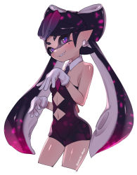Rule 34 | 1girl, absurdres, bare legs, bare shoulders, black hair, blush, callie (splatoon), clothing cutout, detached collar, earrings, fang, female focus, gloves, hat, highres, inkling, jewelry, legs, long hair, mole, mole under eye, navel, navel cutout, necktie, nintendo, no legwear, pointy ears, puchiman, purple eyes, simple background, smile, solo, splatoon (series), splatoon 1, standing, strapless, strapless unitard, tentacle hair, thighs, twintails, unitard, white background, white gloves