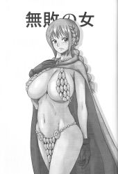 Rule 34 | 1girl, armor, bikini armor, blush, braid, breasts, cape, female focus, gloves, greyscale, highres, hip focus, japanese text, large breasts, long hair, monochrome, navel, one piece, rebecca (one piece), solo, stomach, text focus, thighs