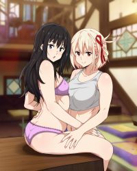 Rule 34 | 2girls, :o, ass, black hair, blonde hair, blurry, blurry background, bra, breasts, closed mouth, crop top, from side, grey eyes, highres, indoors, inoue takina, lace, lace-trimmed bra, lace-trimmed panties, lace trim, large breasts, long hair, looking at viewer, looking to the side, lycoris recoil, multiple girls, navel, nishikigi chisato, open mouth, panties, pink bra, pink panties, red eyes, sbel02, short hair, small breasts, smile, tank top, thighs, underwear, underwear only, yuri