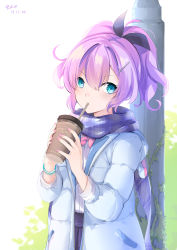 Rule 34 | 1girl, absurdres, alternate costume, azur lane, black ribbon, blue eyes, blue skirt, coffee cup, commentary, cross hair ornament, cup, dated, disposable cup, drinking, drinking straw, drinking straw in mouth, hair between eyes, hair ornament, hair ribbon, highres, jacket, javelin (azur lane), lamppost, looking at viewer, nail polish, nainai, outdoors, pink nails, pleated skirt, ponytail, purple hair, ribbon, scarf, shirt, short hair, sidelocks, signature, skirt, solo, white shirt, wristband