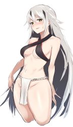 Rule 34 | 1girl, absurdres, bare shoulders, black hair, blush, breasts, collarbone, criss-cross halter, fate/grand order, fate (series), fundoshi, hair between eyes, halterneck, highres, hometa, japanese clothes, long hair, looking at viewer, medium breasts, multicolored hair, nagao kagetora (fate), navel, parted lips, pelvic curtain, simple background, smile, solo, thighs, two-tone hair, very long hair, white background, white hair, yellow eyes