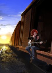 Rule 34 | 10s, 1girl, acoustic guitar, bare shoulders, blue eyes, commentary, denim, dobro guitar, facepaint, guitar, idolmaster, idolmaster million live!, instrument, jeans, julia (idolmaster), looking to the side, pants, railroad car, railroad tracks, red hair, shoes, short hair, smile, solo, sporogum, sunset, tank top, train