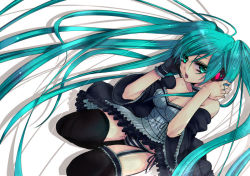Rule 34 | 1girl, @shimapan, aqua eyes, aqua hair, bad id, bad pixiv id, breasts, choker, cleavage, detached sleeves, dress, female focus, garter straps, gloves, hatsune miku, long hair, open mouth, panties, seiza, sitting, solo, striped clothes, striped panties, thighhighs, twintails, underwear, very long hair, vocaloid, white background
