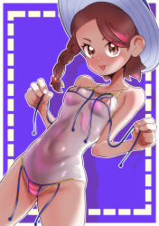 Rule 34 | 1girl, :3, alternate costume, asymmetrical hair, bare shoulders, bikini, bikini under clothes, blue background, blush, border, braid, breasts, brown eyes, brown hair, closed mouth, collarbone, cowboy shot, creatures (company), drop shadow, female focus, forehead, fumirumochigashin, game freak, groin, hair ornament, hairclip, hands up, happy, hat, highres, juliana (pokemon), long hair, looking at viewer, matching hair/eyes, micro bikini, navel, nintendo, one-piece swimsuit, orange bikini, outline, outside border, pokemon, pokemon sv, see-through, shiny clothes, side-tie bikini bottom, side braid, simple background, single braid, small breasts, smile, solo, standing, stomach, string bikini, striped bikini, striped clothes, sun hat, swept bangs, swimsuit, tongue, tongue out, untied bikini, white border, white hat, white one-piece swimsuit, white outline