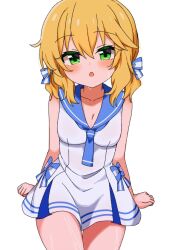 Rule 34 | 1girl, :o, arm support, blonde hair, blue neckerchief, blue sailor collar, blush, bow, breasts, cleavage, collarbone, green eyes, hair between eyes, hair bow, idolmaster, idolmaster cinderella girls, invisible chair, looking at viewer, medium hair, neckerchief, one-piece swimsuit, open mouth, sailor collar, sailor swimsuit (idolmaster), sakurai momoka, sidelocks, simple background, sinjin 46, sitting, small breasts, solo, swimsuit, thighs, wavy hair, wet, white background, white one-piece swimsuit