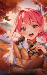 Rule 34 | 1girl, :d, animal, animal on shoulder, bag, baguette, bat (animal), blush, bread, brown shirt, commentary request, day, food, grocery bag, hair intakes, hair ribbon, hand up, highres, holding, holding food, lake, long hair, long sleeves, looking at viewer, mountain, open mouth, original, outdoors, paper bag, pink hair, pretzel, red eyes, ribbon, rimuu, shirt, shopping bag, sleeves past wrists, smile, solo, teeth, upper teeth only, water, white ribbon