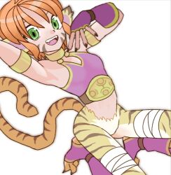 Rule 34 | 1girl, :d, animal ears, arm up, armlet, bandaged leg, bandages, black nails, body fur, breath of fire, breath of fire ii, facial mark, fangs, fingernails, green eyes, lowres, open mouth, orange hair, rinpoo chuan, sicky (pit-bull), simple background, smile, solo, striped fur, tail, tiger ears, tiger girl, tiger tail, upper body, whisker markings, white background