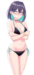Rule 34 | 1girl, aqua eyes, bare arms, bare shoulders, bikini, black bikini, black choker, black hair, blush, breasts, choker, cleavage, closed mouth, collarbone, colored inner hair, covering privates, covering breasts, cowboy shot, embarrassed, halterneck, halterneck, highres, ichiki 1, looking at viewer, medium breasts, mole, mole under eye, multicolored hair, navel, nose blush, original, short hair, side-tie bikini bottom, simple background, solo, standing, stomach, strap gap, string bikini, swimsuit, white background