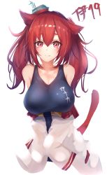 Rule 34 | 1girl, animal ears, azur lane, bad id, bad pixiv id, blue one-piece swimsuit, blush, breasts, cat ears, cat girl, cat tail, character name, closed mouth, collarbone, commentary, eyelashes, fang, fang out, hair between eyes, hair ornament, headwear request, highres, i-19 (azur lane), impossible clothes, impossible swimsuit, large breasts, long hair, long sleeves, looking at viewer, off-shoulder shirt, off shoulder, one-piece swimsuit, red eyes, red hair, ruwoka, school swimsuit, shirt, simple background, sleeves past fingers, sleeves past wrists, smile, solo, swimsuit, tail, tilted headwear, translated, twintails, white background, white shirt