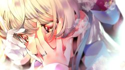 Rule 34 | 1girl, amatsukaze (kancolle), blush, close-up, commentary request, eyelashes, gloves, hair tubes, hand on own cheek, hand on own face, highres, irokiiro, jewelry, kantai collection, long hair, long sleeves, multicolored eyes, open mouth, ring, silver hair, single glove, smudge, solo, wedding band, white gloves