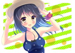 Rule 34 | 10s, 1girl, adjusting clothes, adjusting headwear, bad id, bad pixiv id, black hair, breasts, brown eyes, hat, kantai collection, long hair, medium breasts, open mouth, polka dot, polka dot background, polka dot swimsuit, smile, solo, striped, striped background, swimsuit, ushio (kancolle), yuzukaze rio