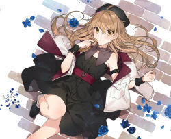 Rule 34 | 1girl, ahoge, armband, bare shoulders, belt, beret, black dress, blue flower, blue rose, braid, brick road, coat, commentary request, detached collar, dress, flat chest, flower, hat, light brown hair, long hair, lying, on back, open clothes, open coat, original, red belt, rose, shirako miso, solo, white background, white coat, wrist cuffs, yellow eyes