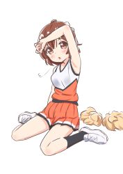 Rule 34 | 1girl, absurdres, anima yell!, arm up, armpits, bare shoulders, black socks, blush, breasts, brown eyes, brown hair, cheerleader, dot nose, female focus, full body, highres, looking at viewer, medium hair, open mouth, pom pom (cheerleading), shoes, simple background, small breasts, socks, solo, tatejima kotetsu, warukusu, white background