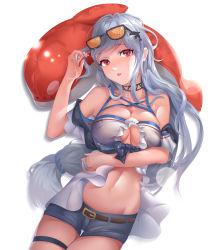 Rule 34 | 1girl, absurdres, arknights, bare shoulders, black choker, breasts, choker, cleavage, cleavage cutout, clothing cutout, commentary, cowboy shot, dongcilagedaci, eyewear on head, female focus, grey shorts, groin, hand up, head tilt, highres, inflatable orca, inflatable toy, large breasts, long hair, looking at viewer, low-tied long hair, midriff, navel, no headwear, off-shoulder shirt, off shoulder, official alternate costume, parted lips, red eyes, shirt, short shorts, short sleeves, shorts, silver hair, simple background, skadi (arknights), skadi (waverider) (arknights), solo, stomach, sunglasses, thigh strap, very long hair, white background, white shirt