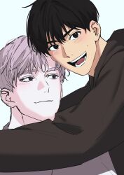 Rule 34 | 2boys, absurdres, blush, brown eyes, brown hair, brown hoodie, closed mouth, highres, hood, hoodie, hug, ilay riegrow, jeong taeui, ma nya m, male focus, multiple boys, open mouth, passion (manhwa), simple background, smile, white background, white hair, yaoi