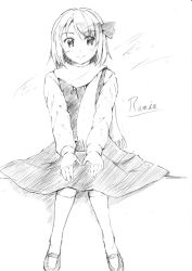 Rule 34 | 1girl, blush, character name, female focus, greyscale, monochrome, rumia, scarf, short hair, smile, solo, touhou, vent arbre
