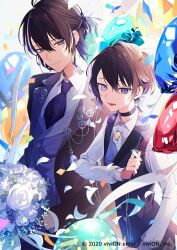 Rule 34 | 2boys, absurdres, aoiro oto, balloon, black hair, blue flower, bouquet, child, clock over orquesta, closed mouth, dual persona, flower, grey eyes, heterochromia, highres, holding, holding bouquet, looking at viewer, male focus, multicolored hair, multiple boys, open mouth, purple eyes, short hair, smile, tokito reiji, white background, white hair