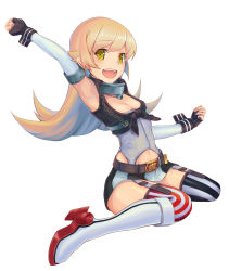 Rule 34 | 1girl, arm up, armpits, belt, blonde hair, boots, breasts, cleavage, cosplay, elbow gloves, fangs, fingerless gloves, front-tie top, garter straps, gloves, high heel boots, high heels, highres, iowa (kancolle), iowa (kancolle) (cosplay), kantai collection, knee boots, long hair, looking at viewer, miniskirt, monogatari (series), open mouth, oshino shinobu, perocchi, skirt, smile, solo, standing, striped clothes, striped skirt, striped thighhighs, thighhighs, vertical-striped clothes, vertical-striped skirt, vertical-striped thighhighs, white footwear, yellow eyes