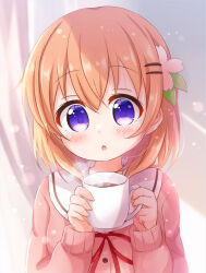 Rule 34 | 1girl, :o, araki495, blush, brown hair, cardigan, commentary request, cup, curtains, gochuumon wa usagi desu ka?, hair between eyes, hair ornament, hairclip, hands up, highres, holding, holding cup, hoto cocoa, long sleeves, mug, neck ribbon, parted lips, pink cardigan, puffy long sleeves, puffy sleeves, purple eyes, red ribbon, revision, ribbon, sailor collar, sleeves past wrists, solo, steam, upper body, white sailor collar