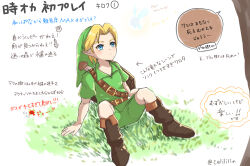 Rule 34 | 1boy, arm support, blonde hair, brown footwear, closed mouth, green headwear, green shirt, green shorts, link, male focus, nintendo, parted bangs, seri (yuukasakura), shirt, short hair, short sleeves, shorts, sitting, solo, speech bubble, the legend of zelda, the legend of zelda: ocarina of time, translation request, weapon, weapon on back, white background, young link