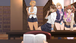 Rule 34 | 4girls, blazer, blonde hair, blue eyes, book, breasts, brown hair, candy, cellphone, chair, cleavage, eyebrows hidden by hair, folded ponytail, food, green eyes, gyaru x batsu game + inkya = harem!?, highres, holding, holding book, holding phone, indoors, jacket, large breasts, legs, library, lollipop, looking at viewer, medium breasts, multiple girls, open mouth, orange eyes, original, phone, pov, school uniform, sexually suggestive, short hair, sitting, skirt, smile, standing, table, tamabon (koutetsu shabondama), thighs, twintails, vest