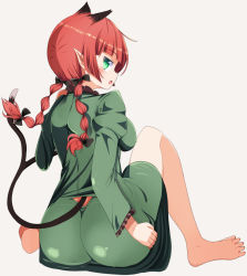 Rule 34 | 1girl, alternate eye color, animal ears, ass, ass cutout, barefoot, bow, braid, cat ears, cat tail, clothing cutout, dress, extra ears, fang, feet, from behind, full body, green dress, green eyes, hair bow, hair ornament, highres, kaenbyou rin, long sleeves, looking at viewer, looking back, multiple tails, open mouth, pointy ears, profile, puffy sleeves, red hair, simple background, sitting, smile, solo, tail, tail through clothes, takimoto yukari, touhou, twin braids