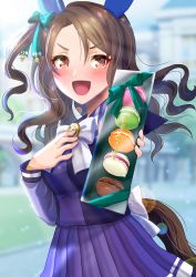 Rule 34 | 1girl, animal ears, blurry, blurry background, blush, brown eyes, brown hair, commentary request, food, gift, hair ribbon, highres, horse ears, horse girl, horse tail, king halo (umamusume), looking at viewer, macaron, otono (bkt4b), ribbon, school uniform, solo, sweets, tail, tracen school uniform, umamusume, white day