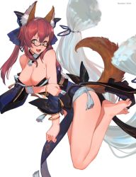 Rule 34 | 1girl, :3, animal ears, bare legs, bare shoulders, barefoot, breasts, cleavage, detached collar, detached sleeves, fangs, fate (series), fox ears, fox tail, glasses, hair ornament, hair ribbon, japanese clothes, large breasts, long hair, miv4t, mole, mole on breast, nail polish, open mouth, pink hair, ribbon, solo, tail, tamamo (fate), tamamo no mae (fate/extra), twintails, white background, yellow eyes