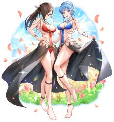Rule 34 | 2girls, :d, absurdres, anklet, bare arms, barefoot, blue hair, blunt bangs, bracelet, braid, breasts, brown hair, cleavage, closed mouth, commentary, covered navel, english commentary, fire emblem, fire emblem: three houses, fire emblem fates, floating hair, full body, hair between eyes, hair over one eye, hand on own hip, highres, jewelry, kagero (fire emblem), long hair, looking at viewer, marianne von edmund, medium breasts, multiple girls, nintendo, open mouth, petals, ponytail, red eyes, revealing clothes, smile, standing, voyager bihai, white background