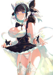 Rule 34 | 1girl, absurdres, animal ears, apron, azur lane, black hair, blue eyes, blush, breasts, cheshire (azur lane), cleavage, closed mouth, cowboy shot, detached sleeves, dress, fang, frilled hairband, frilled headband, frilled ribbon, frills, garter belt, garter straps, hairband, highres, large breasts, lifted by self, long ribbon, looking at viewer, maid, maid headdress, multicolored hair, okoru ringo, panties, puffy detached sleeves, puffy sleeves, purple apron, ribbon, skin fang, smile, solo, streaked hair, sweat, thighhighs, underwear, white background, white panties, white thighhighs, wrist cuffs