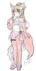 Rule 34 | 1boy, animal ears, bikini, blonde hair, blue eyes, bracelet, claws, closed mouth, commentary, dog boy, dog ears, dog tail, flower, frills, full body, furry, furry male, fuyodo, garter straps, hair ornament, hair stick, high ponytail, highres, jewelry, long hair, male focus, navel, pink fur, sandals, simple background, smile, solo, swimsuit, symbol-only commentary, tail, tanetomo (housamo), thick eyebrows, tokyo houkago summoners, trap, twitter username, two-tone fur, white background, white fur