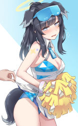 Rule 34 | 1girl, absurdres, animal ears, black hair, blue archive, blue eyes, blush, breasts, cheerleader, cleavage, clothes lift, clothes writing, crop top, dog ears, dog girl, dog tail, goggles, goggles on head, halo, hibiki (blue archive), hibiki (cheer squad) (blue archive), highres, holding, holding pom poms, kiritto, large breasts, millennium cheerleader outfit (blue archive), miniskirt, official alternate costume, open mouth, pleated skirt, pom pom (cheerleading), pom poms, shirt, skirt, skirt lift, sleeveless, sleeveless shirt, solo focus, sticker on arm, sticker on face, tail