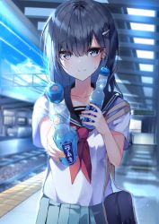 Rule 34 | 1girl, absurdres, bad id, bad pixiv id, bag, bara (03 bara ), black hair, blue eyes, blue sailor collar, blue skirt, blue sky, blush, bottle, closed mouth, cloud, collar, collarbone, commentary request, hair ornament, hairclip, highres, holding, incoming drink, long hair, looking at viewer, neckerchief, original, outdoors, outstretched arm, pleated skirt, ramune, red neckerchief, sailor collar, school bag, school uniform, serafuku, shirt, short sleeves, skirt, sky, smile, solo, train station, water bottle, white shirt
