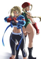 Rule 34 | 2girls, alternate design, arms at sides, arms up, ass, back-to-back, bare shoulders, blonde hair, blue eyes, boots, braid, braided ponytail, cammy white, choker, closed mouth, commentary, cracking knuckles, crop top, dual persona, english commentary, expressionless, fingerless gloves, fist in hand, floating hair, gloves, hat, highres, jacket, kivavis, leggings, legs apart, leotard, long hair, long sleeves, looking at viewer, medium hair, midriff, multiple girls, navel, official alternate costume, open clothes, open jacket, own hands together, sideways glance, simple background, single braid, sports bra, standing, stomach, street fighter, thong leotard, very long hair, white background