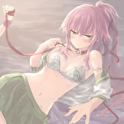 Rule 34 | 10s, 1girl, blush, bra, breasts, collar, groin, hip focus, kantai collection, lace, lace-trimmed bra, lace trim, leash, long hair, lying, medium breasts, navel, off shoulder, on back, ponytail, remodel (kantai collection), sketch, skirt, solo focus, underwear, viewer holding leash, white bra, yellow eyes, yukimochi (yume), yura (kancolle)